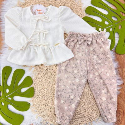  Conj. Batinha Manga Longa Anarruga Três Laços e Calça Floral - Areia